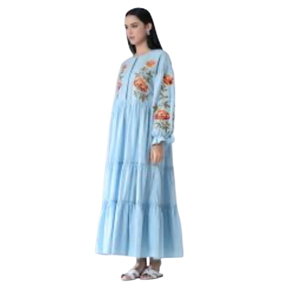 Anthropologie Samant Chauhan Tiered Embroidered Maxi Dress, Blue Size M NWT - Picture 3 of 12